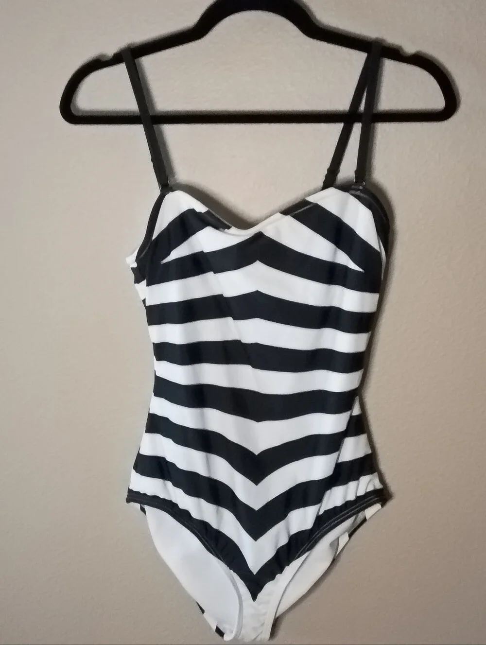 Barbie x Unique Vintage Chevron Stripes One Piece Bathing Suit Black White M NWT